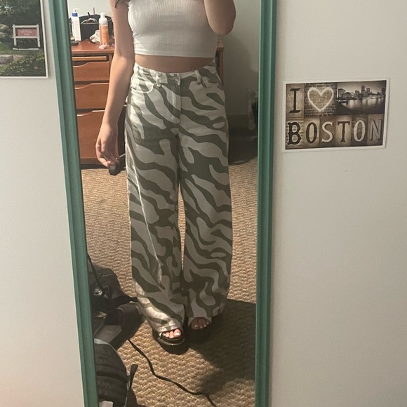 SHEIN Denim - zebra high rise wide leg denim green white